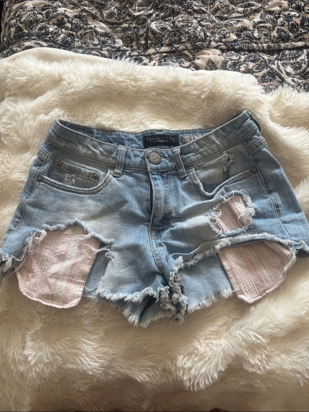 Aeropostale Light Blue Ripped Denim Shorts with Pink Stripe Patches